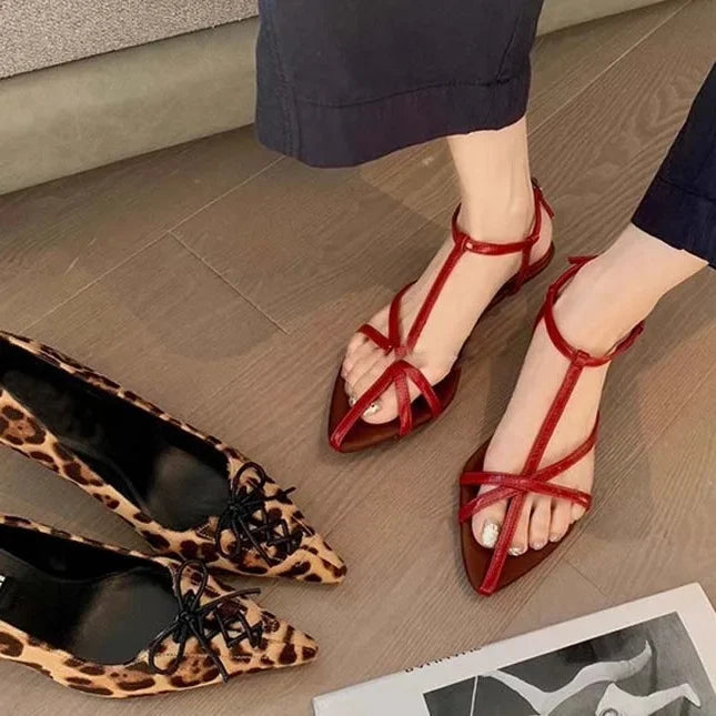 Aiertu  -   2025 Summer Womens Sandals  Fashion Pointed Toe Buckle Strap Narrow Band Low Heels Shoes Zapatos Mujer Aiertu