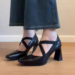 Aiertu  Shoes Sexy Heels Sandals Ladies Square Toe Genuine Leather Retro Pumps Slip On Shallow Mouth Mary Jane Crossdressers Sheepskin A Aiertu