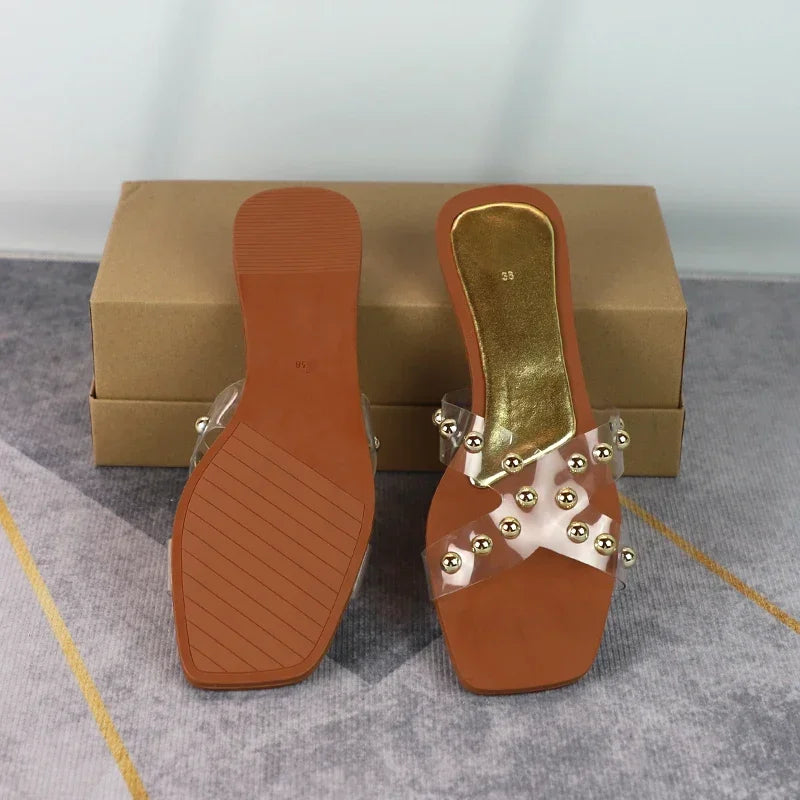 Aiertu  -  Transparent PVC Flat Slippers for Women 2025 Square Toe Outdoor Fashion Cross Design Female Slides Plus Size Summer Beach Shoes Aiertu