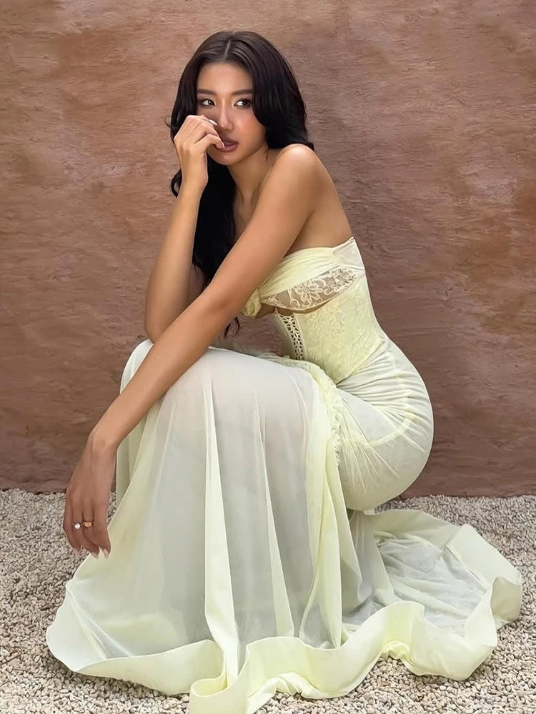 Aiertu  -  Hollow Sexy Patchwork Mesh Fishtail Dress Women Ruffles Bandage Elegant Temperament Vacation Birthday Party Vestidos Aiertu
