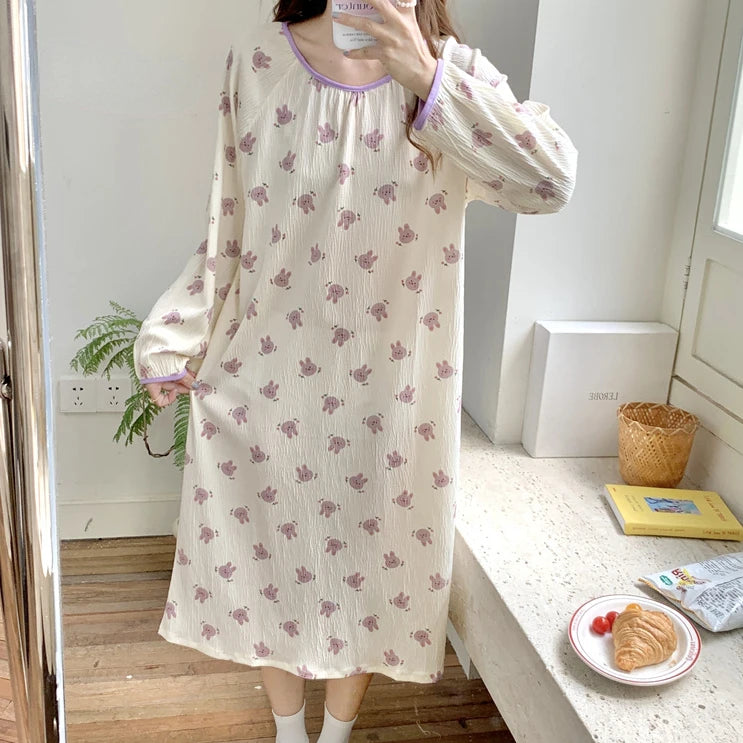 Aiertu Long Sleeve Nightgowns Women Floral Bow Temper Autumn Home Cozy Aesthetic O-neck Prairie Chic All-match Sleepwear Korean Style Aiertu