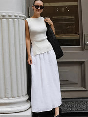 Aiertu  -  Solid Cotton Linen Elastic High Waist Maxi Skirt Elegant Ankle-length Pleated A-line Skirts Fashion Mid-calf Length Skirts Aiertu
