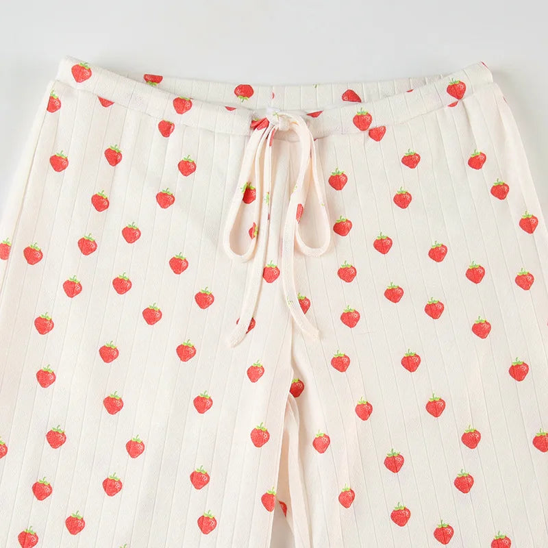 Aiertu  -  Strawberry Printed Tank Top Straight Leg Pants 2 Piece Set Women's Color Contrasting Pajama Leisure Suit Homewear Aiertu