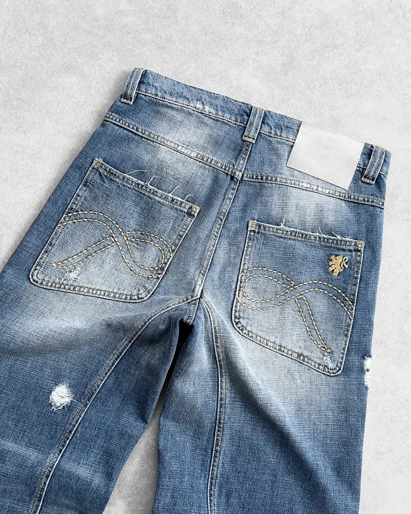 Aiertu  -  Hip-hop Retro Blue Spliced Harajuku Straight Jeans Men's Y2k Loose High-waisted Washed Casual Wide-leg Pants for Couples Aiertu