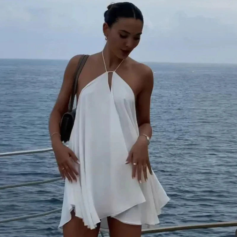 Aiertu  -  Sexy Halter Party Solid Dresses Women Sleeveless Backless Hollow Out Beach Dress Lady Dresses 2025 Summer Lady Beach Robes Aiertu