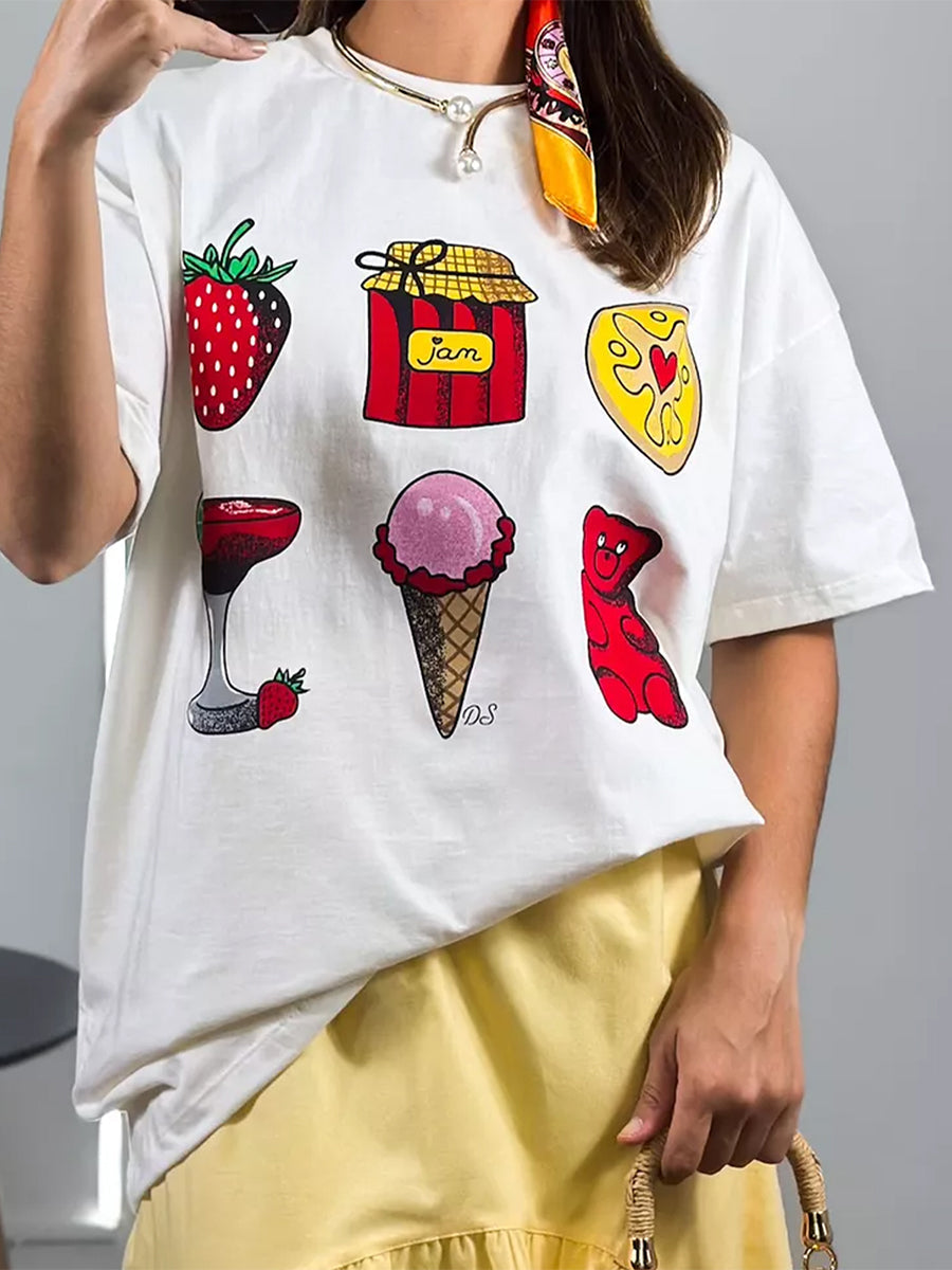 Aiertu  -  Women Y2k Graphic Short Sleeve T-Shirts Bow/Dessert/Lemon Print Aesthetic Oversized Shirts Summer O Neck Loose Tops Streetwear Aiertu