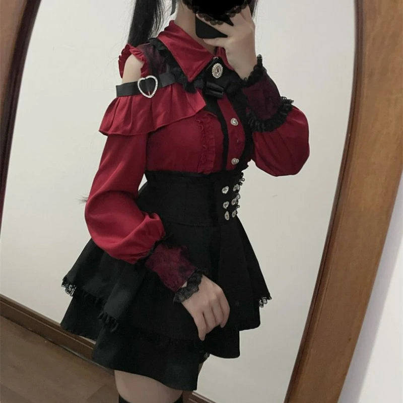 Aiertu Japanese Black Short Skirt Set Gothic Ruffle Mini Skirts Sexy Lace Off Shoulder Lolita Shirt Gown Faldas Y2k Aesthetic Suit Aiertu