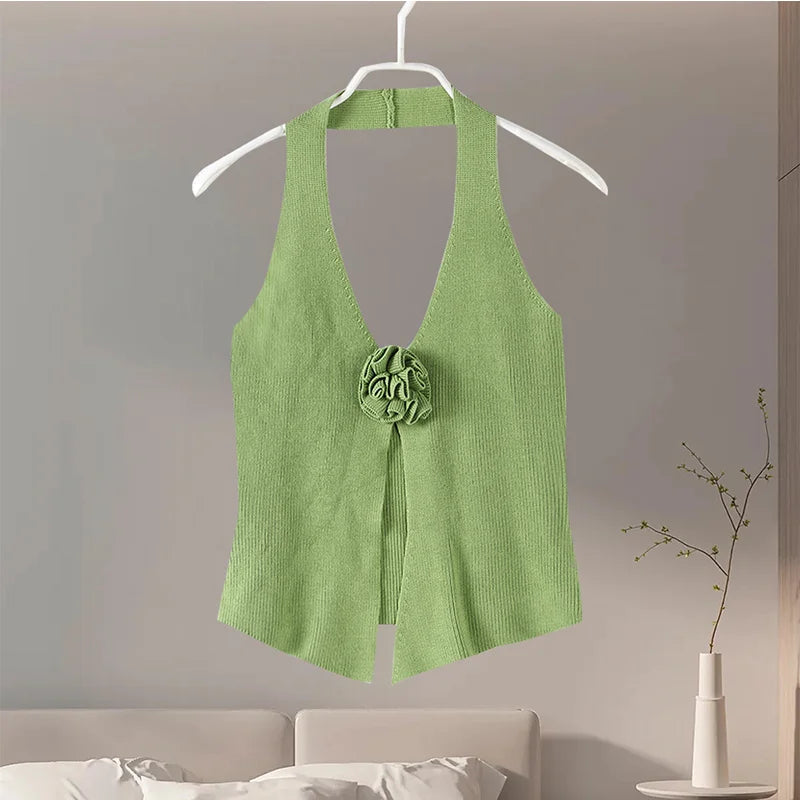 Aiertu  -  Sexy Knitted 3D Flower Halter Vest Women Solid Hallow Out V-neck Sleeveless Female Tank 2026 Summer Slim Fashion Lady Tops Aiertu