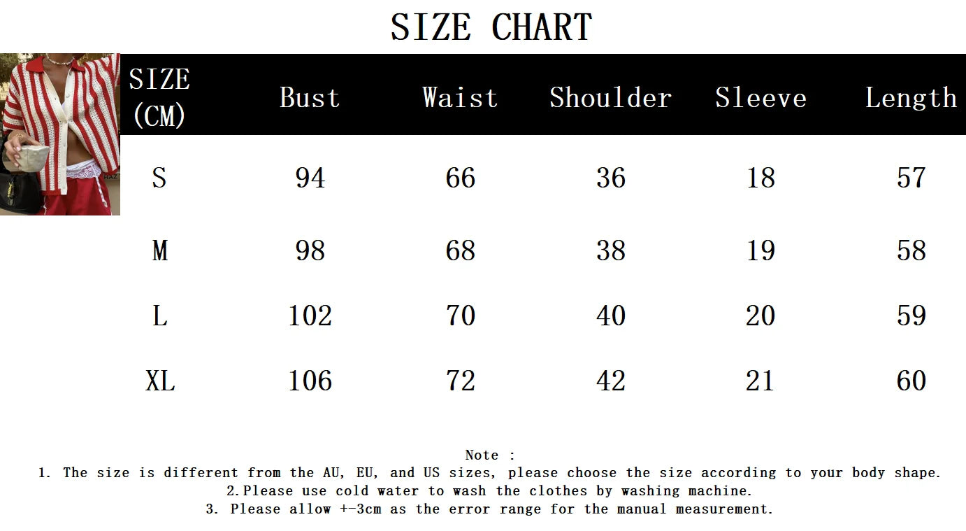 Aiertu  -  Red Striped Crochet Blouse Women Summer New Single Breasted Lapel Collar Hollow Out Blouses Streetwear Casual Short Sleeve Shirt Aiertu