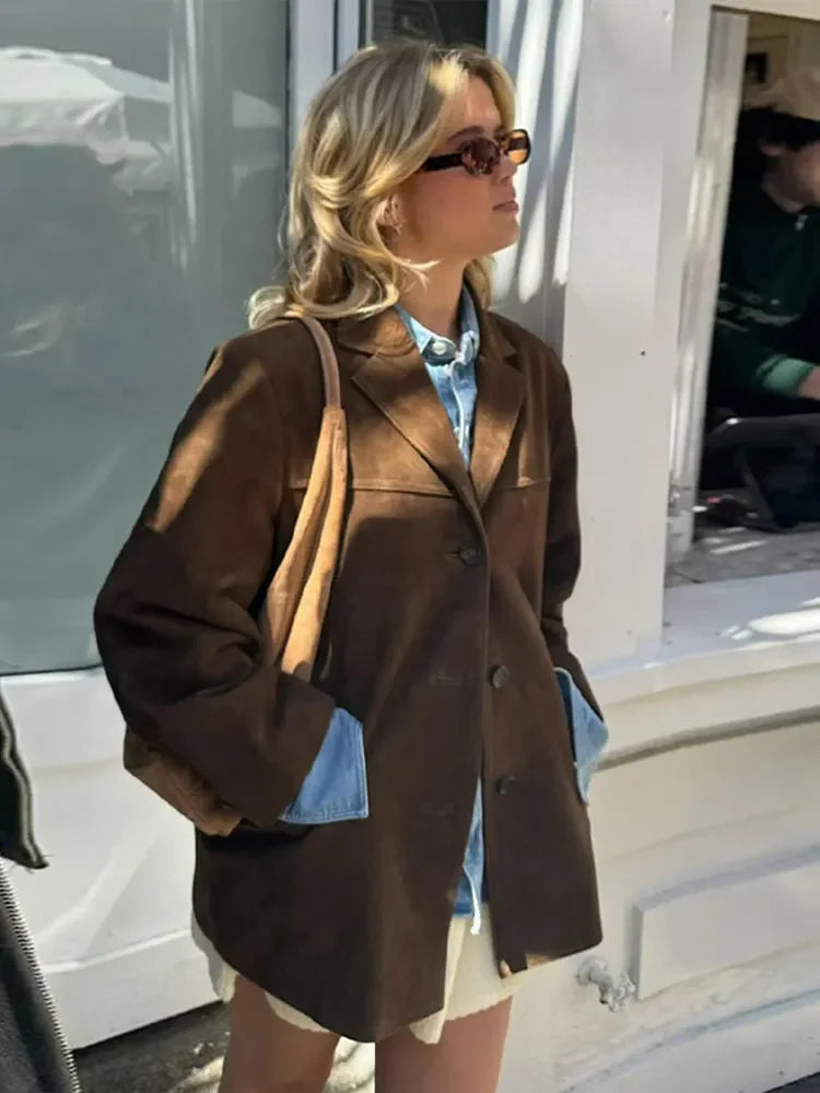 Aiertu  -  Woman Fashion Brown Lapel With Pocket Jacket Vintage Single Breasted Long Sleeve Short Coat Autumn Lady High Street Outerwear Aiertu