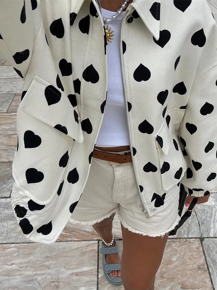 Aiertu  -  Chic Black Polka Hearts Lapel Jacket For Women Fashion Long Sleeves Pocket Zipper Coat 2026 Autumn Lady Casual Street Tops Aiertu