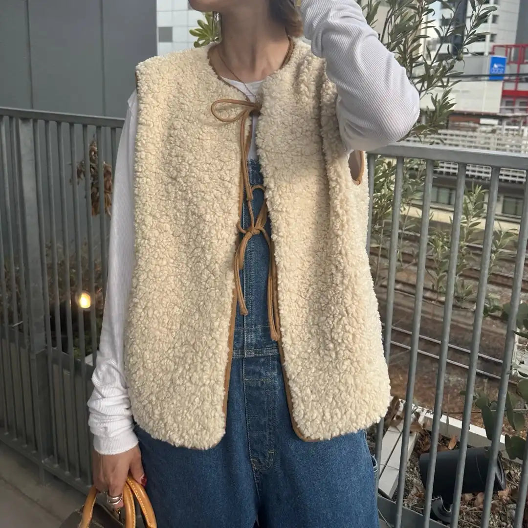 Aiertu  Autumn Fleece Vest Tops for Women Beige Sexy Lace Up Cropoed Top Warm Lambswool Vest Fashion and Chic Blouse Aiertu