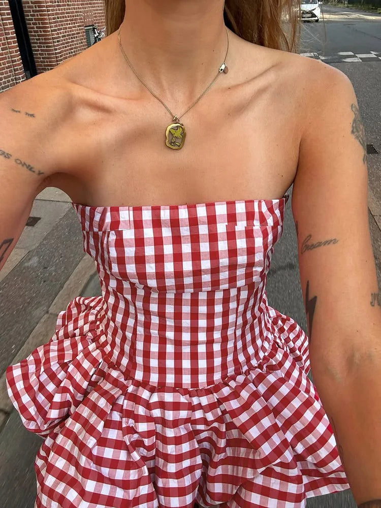 Aiertu  -  Print Red White Checkered Chest Wrap Pleated Fluffy Hem Sleeveless Backless Vacation Versatile Beach Party Trend Tops Aiertu