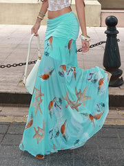 Aiertu  -  Holiday Floral A-Line Skirts Beach Style Casual Folds Low-Waisted Maxi Skirts Women 2025 Summer Fashion Streetwear Lady Aiertu