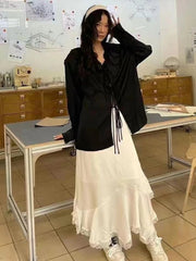 Aiertu  -  V Neck Ruffled Streetwear Oversized Women Sexy Bandage Solid Vintage Blouse Harajuku Tops Y2k Aesthetic Pleated Autumn Shirt Aiertu