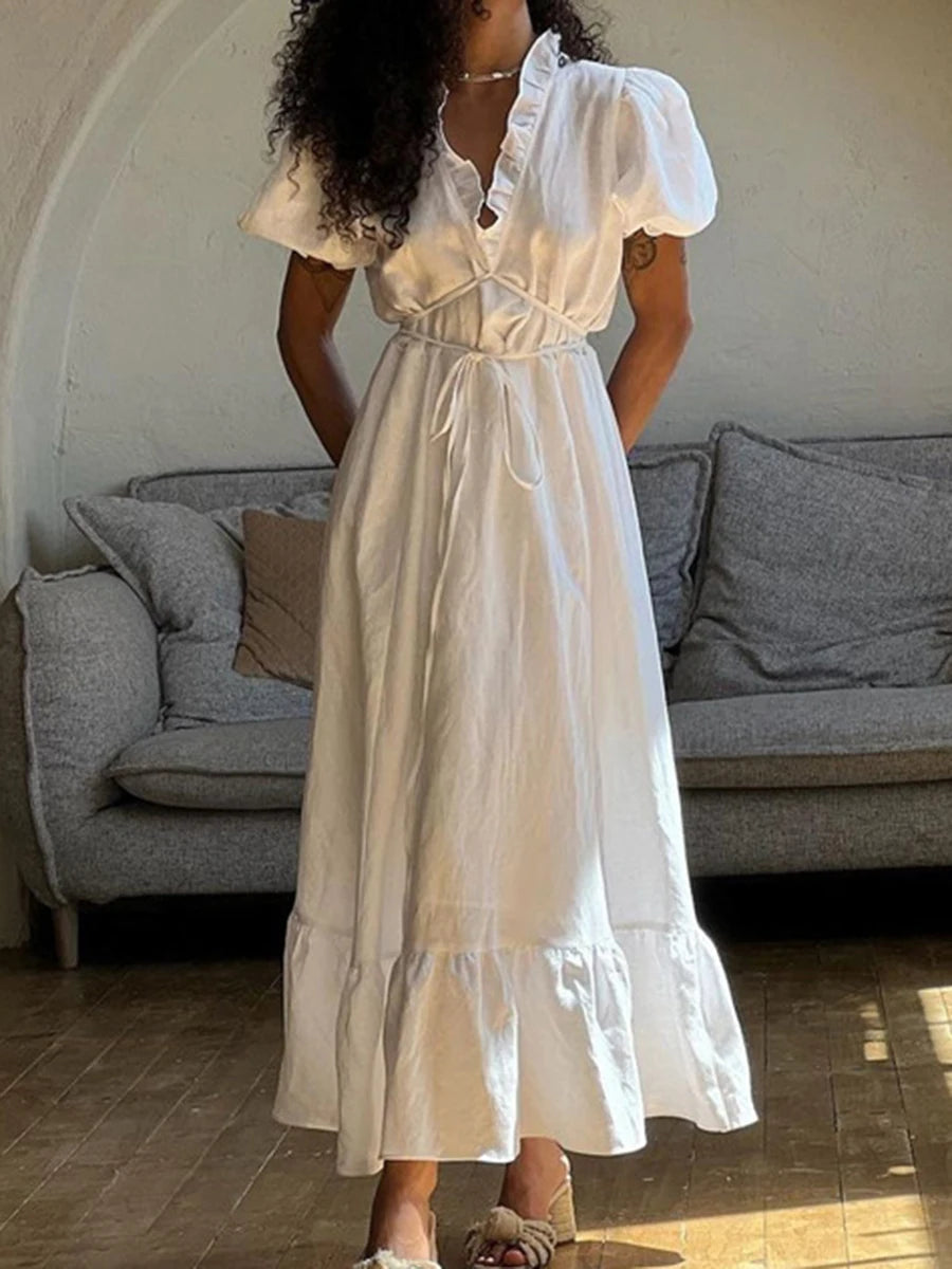 Aiertu  -  Summer White Elegant Holiday Long Dresses Women 2026 New V Neck Lace-up Puff Sleeve Maxi Dress Casual Fashion A-line Vestidos Aiertu