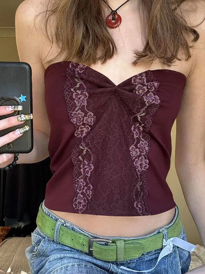 Aiertu  Vintage Lace Ruched Tube Top Aiertu