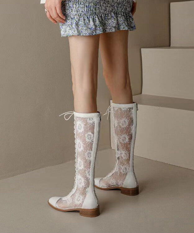 Aiertu  Chic White Hollow Out Lace Up Chunky Boots Aiertu