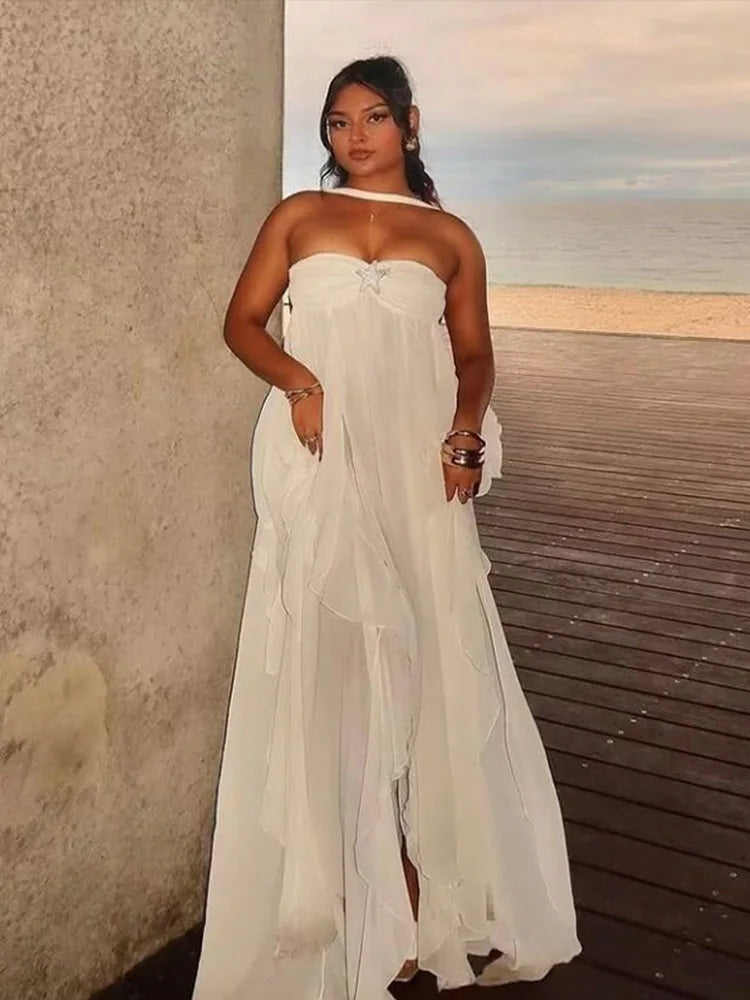 Aiertu  -  Sexy Backless Halter Women's Dresses Fashion Ruffly Pleated Sleeveless Long Dresses Women Retro Elegant Beach Party Dress Aiertu