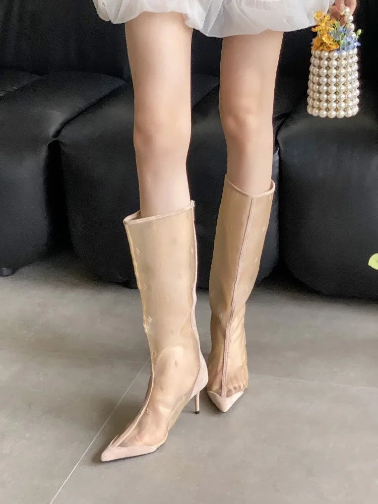 Aiertu  -   Autumn Street Style Design Breathable Mesh Women Knee-High Boots Pointed Toe Thin Low Heels Sandals Booties Ladies Shoes Aiertu