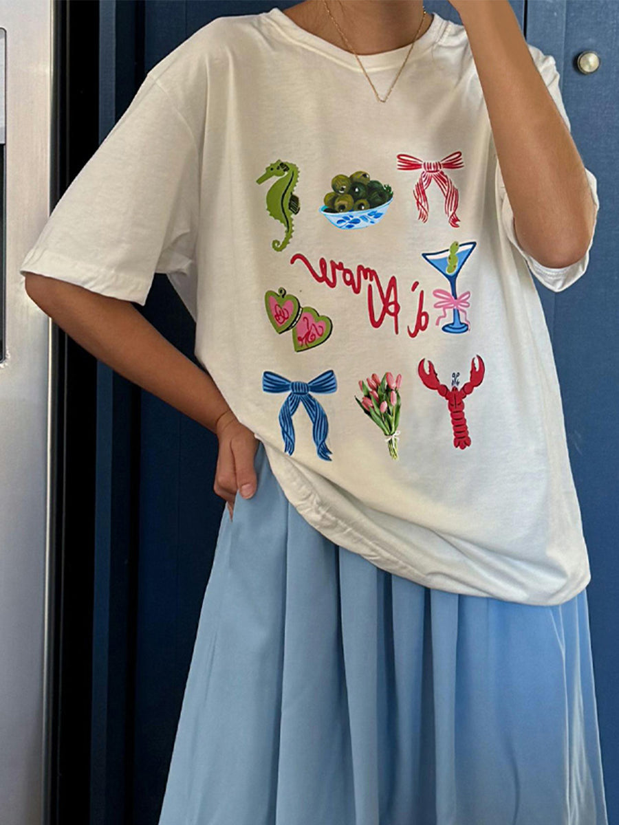 Aiertu  -  Women Y2k Graphic Short Sleeve T-Shirts Bow/Dessert/Lemon Print Aesthetic Oversized Shirts Summer O Neck Loose Tops Streetwear Aiertu