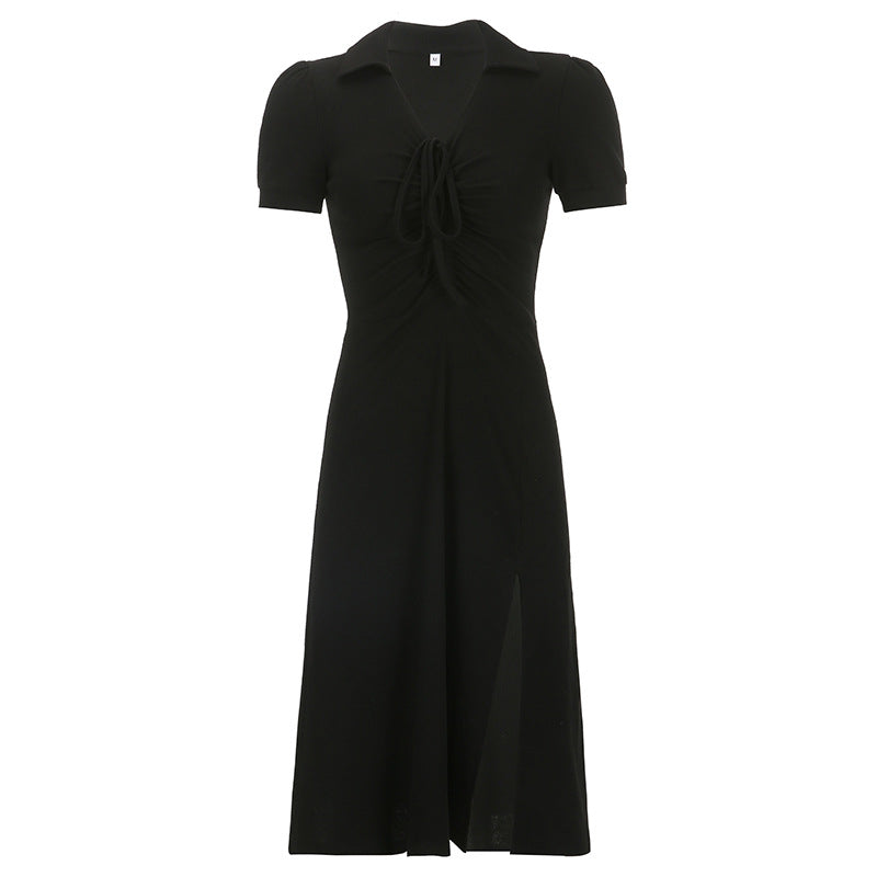 Aiertu - Lace Up Slit Knitted Black Maxi Dress Aiertu