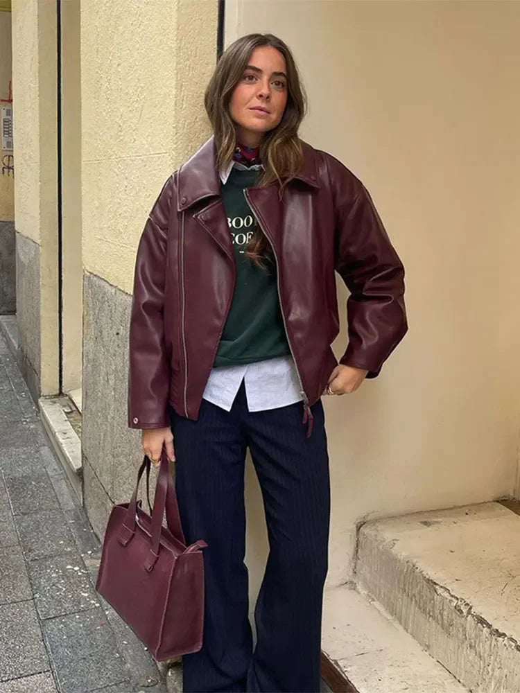 Aiertu  -  Women's Pu Leather Jacket Chery Red Lapel Long Sleeved Zipper Motorcycle Cropped Coat 2026 Autumn New Lady Street Outwears Aiertu
