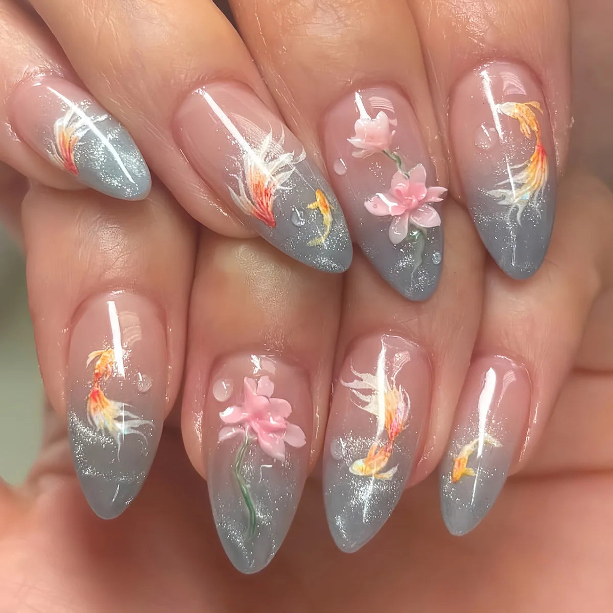 Aiertu  -  24pcs Flower Design Press on Nails Wearable Summer Blue Wave Gradient Almond Fake Nail Art Pearl Cat's Eye Long False Nails Sets Aiertu