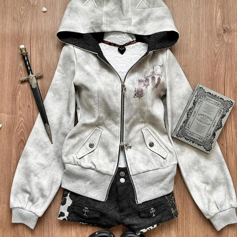 Aiertu  -  Y2k Aesthetic Vintage Printing Pocket Hoodies Gothic Fairy Grunge Hooded Jackets Autumn Women Double Zippers Punk Sweatshirt Aiertu