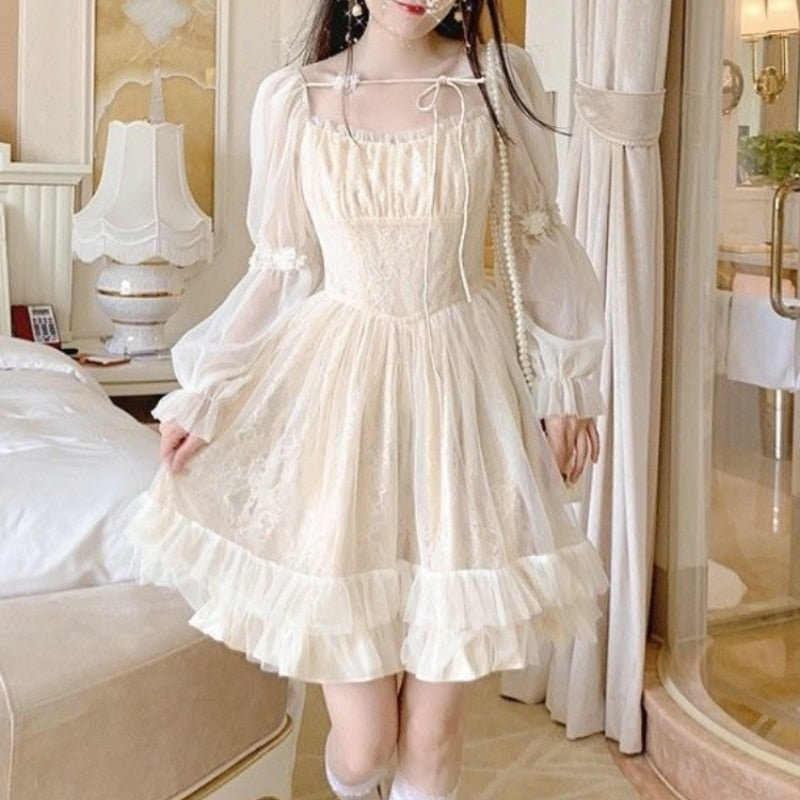 Aiertu  Lolita Kawaii Dress Women Casual Long Sleeve Vintage Y2k Mini Dress Female Japanese Style One Piece Dress Korean Autumn Aiertu