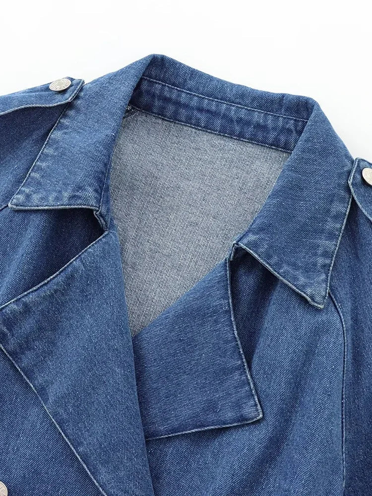 Aiertu  Women Fashion With Belt Denim Solid Double Breasted Jackets Vintage Lapel Neck Long Sleeves Female Chic Lady Outfits Aiertu