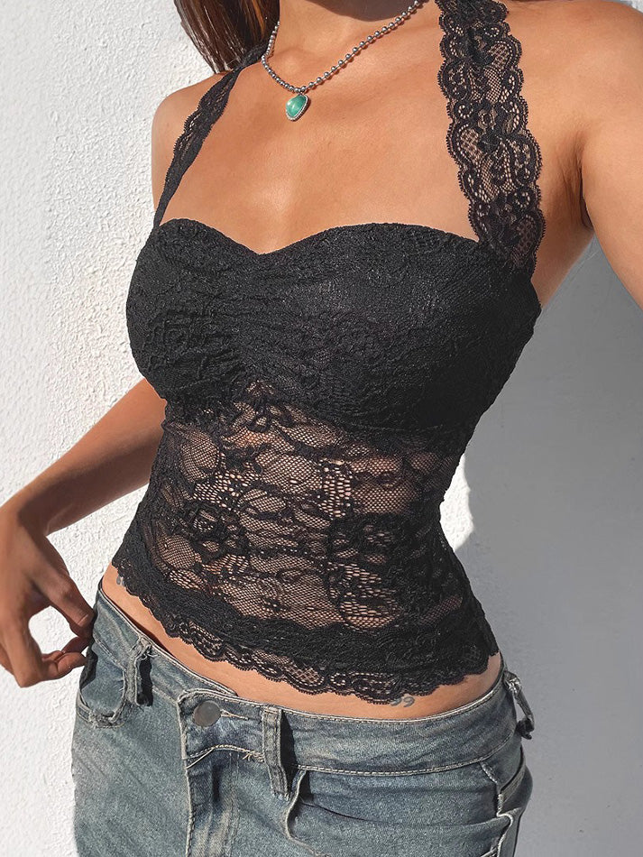 Aiertu  -Solid Sheer Lace Halter TieTank Top aiertu