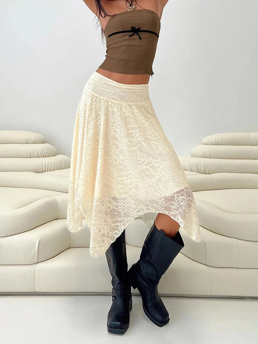 Aiertu  -  Women Lace Skirt Elegant Low Waisted Skirt Irregular Summer Midi Skirt for Casual Daily Aiertu
