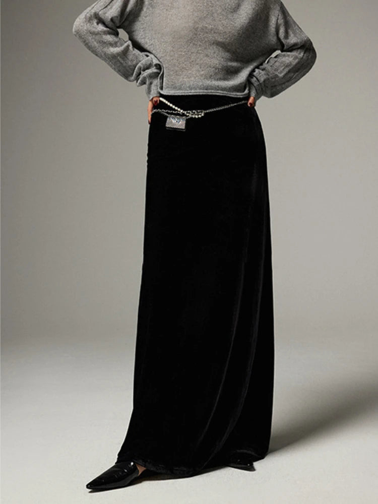 Aiertu  -  Maxi A-Line Skirt with Side Slit High Waist Black Long Straight Skirt Leg Velvet Drape Slimming Spring/Autumn Women Clothing Aiertu