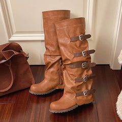 Aiertu    -  Women Knee-high Boots Summer Shoes Woman Knight Boots Woman Designer Buckle Chelsea Long Botas Pu Leather Motorcycle Shoes Aiertu