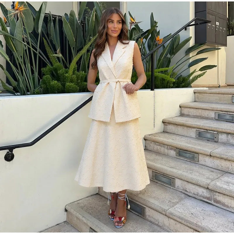 Aiertu  -  Tassel Wear Vest Half Skirt Women 3-piece Set Lapel Tie Vest Round Neck Vest A-line Skirts 2025 Summer High Street Lady Suit Aiertu