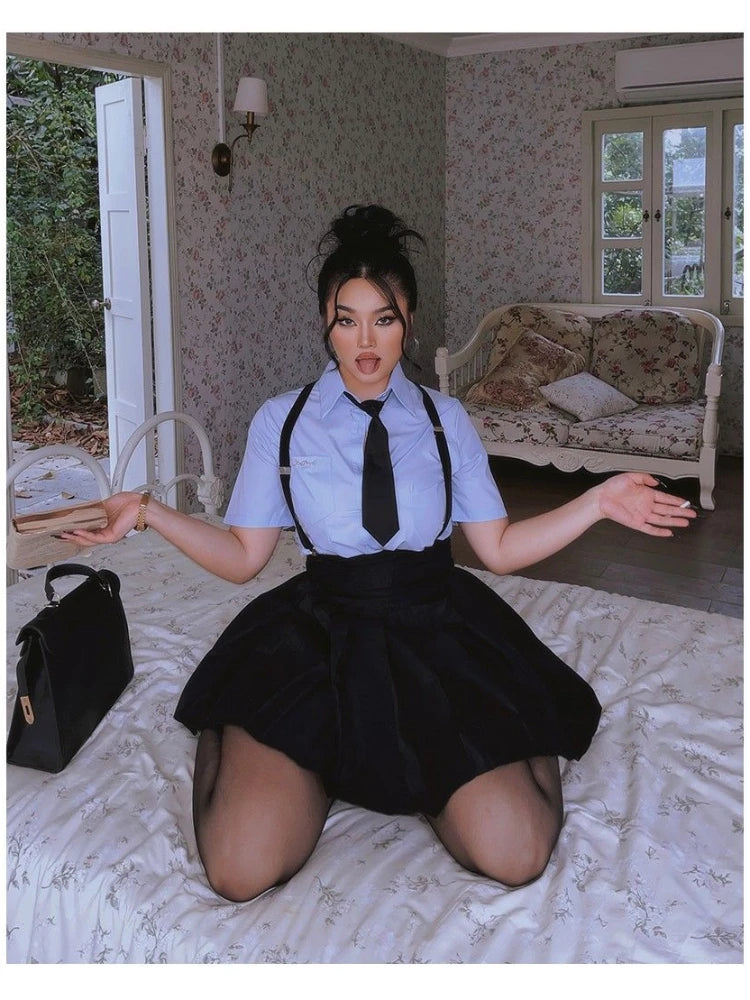 Aiertu  -  Preppy Style Pleated Skirt Sets Women Streetwear Vintage Korean Fashion Two Piece Suits Y2k School Uniform Summer Aiertu