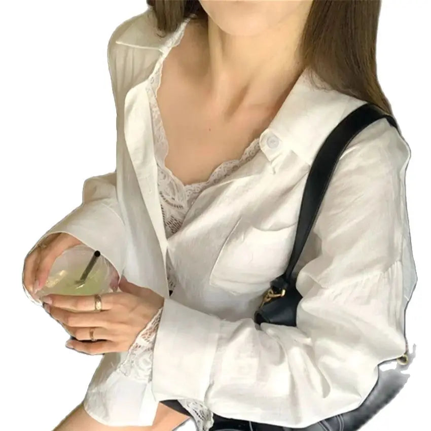 Aiertu  -  Fashion New Solid White Shirts With Lace Bottoming Tees Summer Women Gentle New 2026 Office Lady Daily Loose Mujer Slim Aiertu