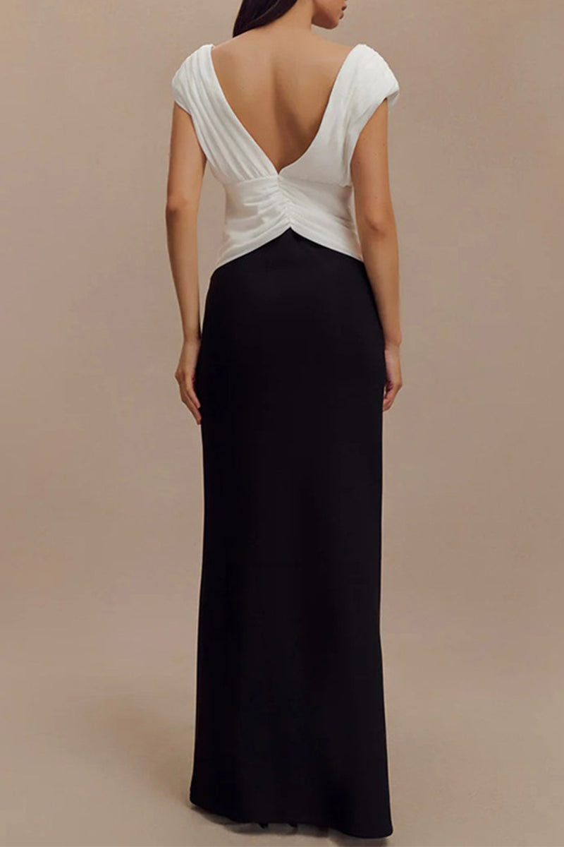 Aiertu  -  Sexy Backless Ruched Contrast V Neck Long Dresses Aiertu