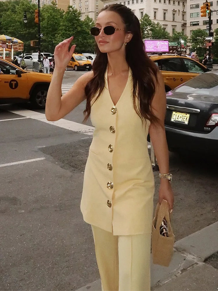 Aiertu  -  Fashion Blazer Suit Women Halter Sleeveless Backless Single Breasted Slim Tank Long Pant Female Set 2025 Spring Summer Lady Sets Aiertu