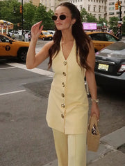 Aiertu  -  Fashion Blazer Suit Women Halter Sleeveless Backless Single Breasted Slim Tank Long Pant Female Set 2025 Spring Summer Lady Sets Aiertu