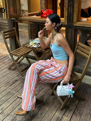 Aiertu  Holiday Striped Women Cargo Pants Flap Pockets Drawstring Waist Casual Cotton Linen Parachute Pants Vintage Workwear Aiertu