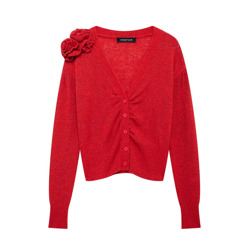 Aiertu  -  New Red Flower Decor Knitted Cardigan Women 2025 Spring Long Sleeve V Neck Sweaters Streetwear Elegant Fashion Thin Jumper Femme Aiertu