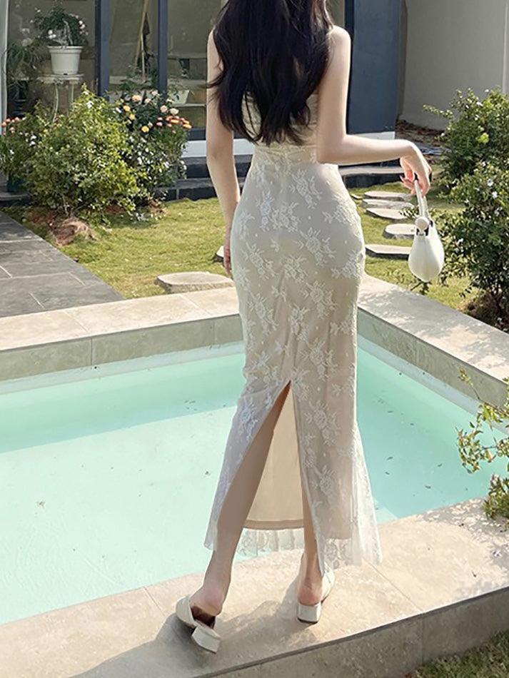 Aiertu  -  Lace Tie Slim Fishtail Dress Aiertu