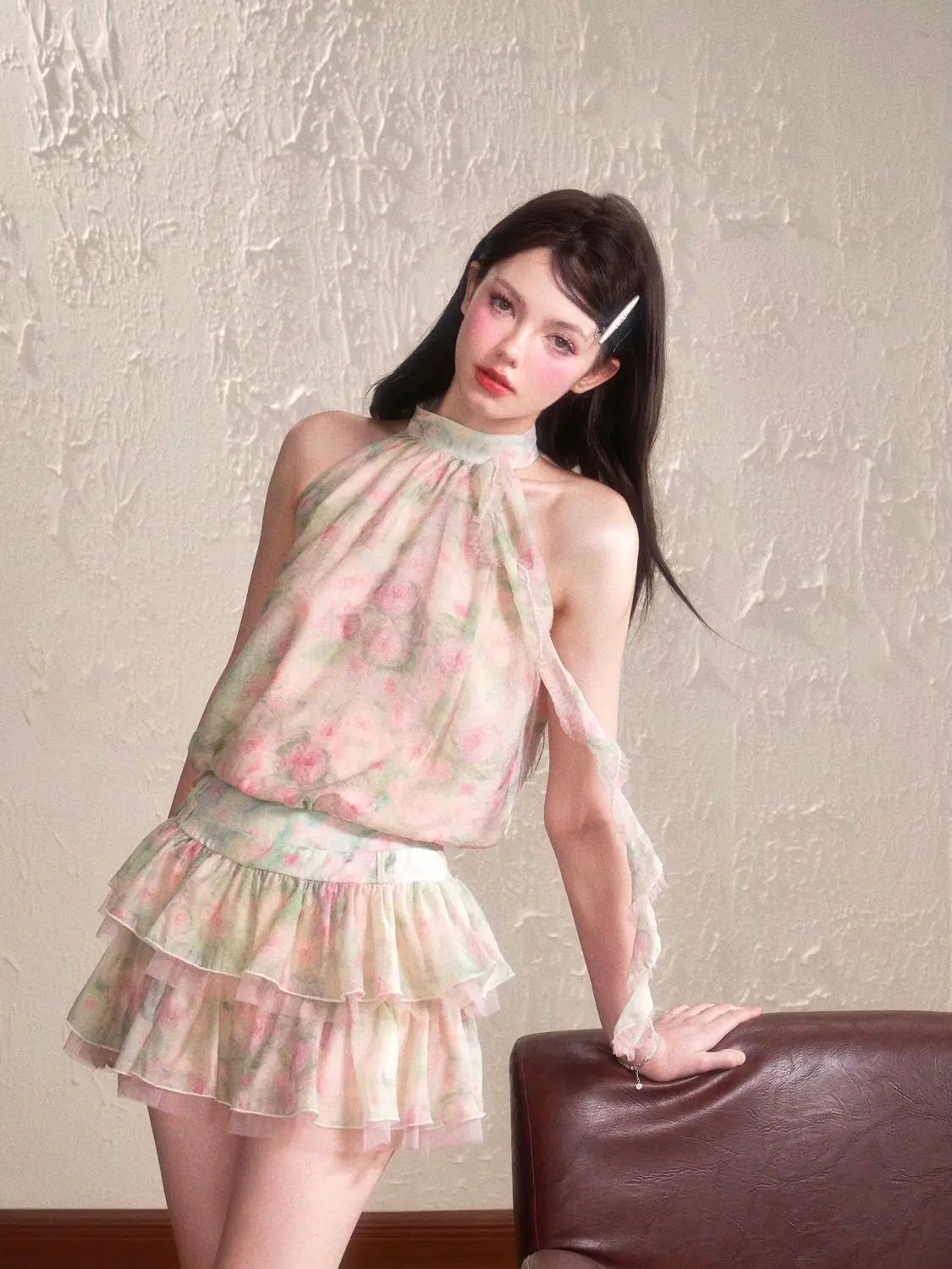 Aiertu  -  Sweet Hot Girl Suit Women's Summer Floral Sleeveless Chiffon Vest High Waisted Mini Skirt Two-piece Set Fashion Female Clothes Aiertu