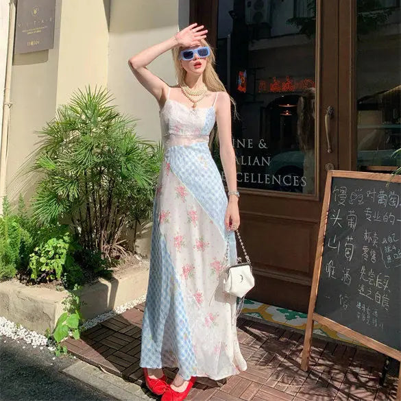 Aiertu  -  Summer Women Long Dress Sleeveless Patchwork Floral Gingham Spaghetti Strap Elegant Slim Maxi Dress Casual Vacation Beachwear Aiertu