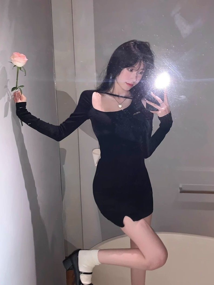 Aiertu  Off Shoulder Woman Long Sleeve Dress Black Short Bow Birthday Mini Dresses for Women Autumn and Winter New in Elegant Beautiful Aiertu