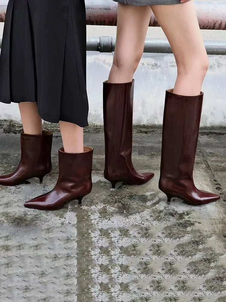 Aiertu    -  Burgundy Patent Leather High-Top Long Boots For Women Wine Red Pointed Toe Slip On Botas Largas De Mujer Kitten Low Heels Mature Aiertu
