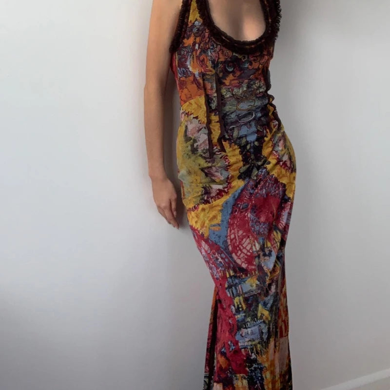 Aiertu  Sexy Backless Hollow Out Sleeveless Maxi Dresses Vintage Oil Painting Print Bodycon Dress Aesthetic Party Slim Vestidos Aiertu
