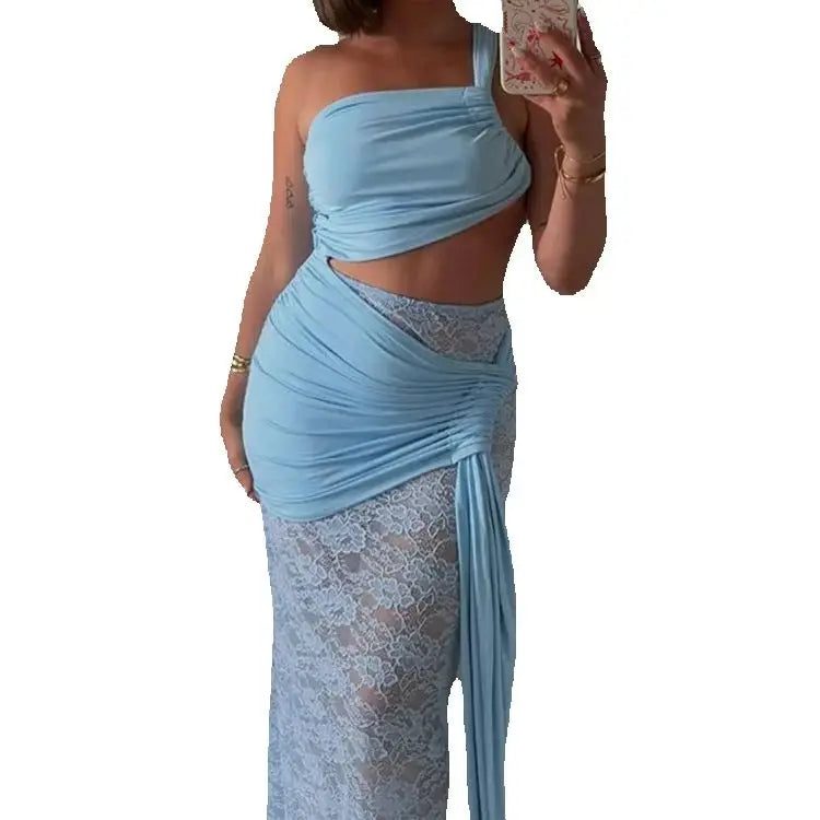 Aiertu  -  Elegant Irregular Hollow Dress Women Ruched Backless Knot Ribbon+Mesh Patchwork Bottoms Vacation Fashion Matching Suits Aiertu